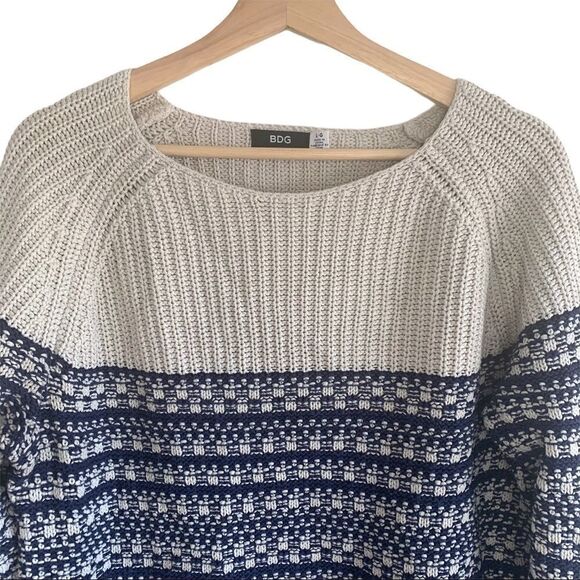 BDG Knitted Ribbed Blue and Cream Stripes Sweater - Picture 2 of 6